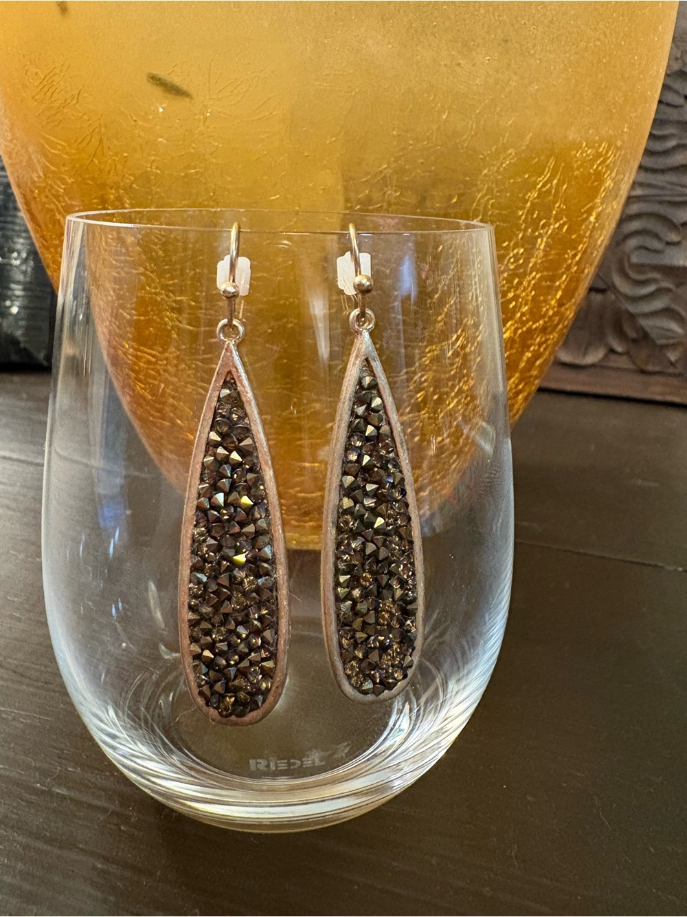 Sparkling Brown and Gold Tone Teardrop Dangle Earrings